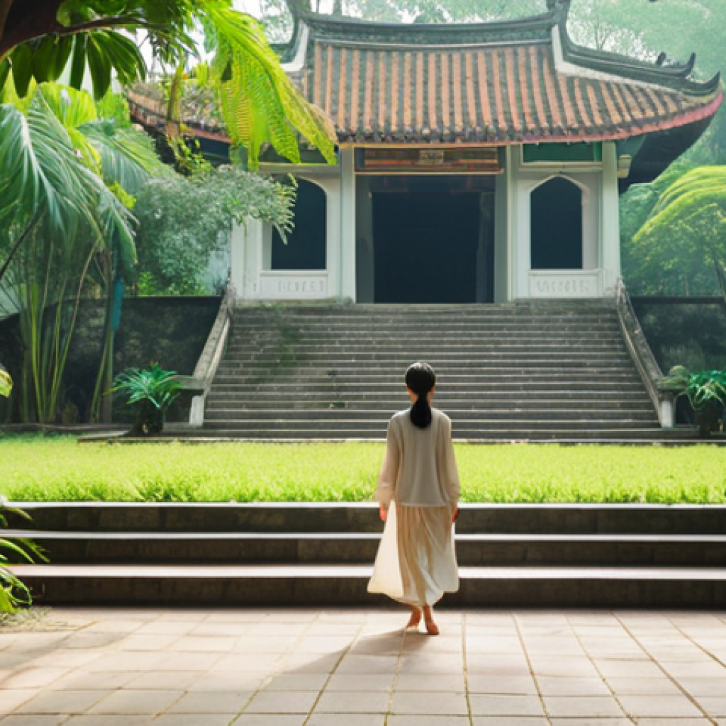 **

Prompt: "A serene scene of mindful walking meditation in a Vietnamese park. A woman is focused on her steps, surrounded by lush greenery and the soft morning light. Capture the feeling of calm and connection between mind and body. Perhaps include subtle Vietnamese architectural elements in the background."

**