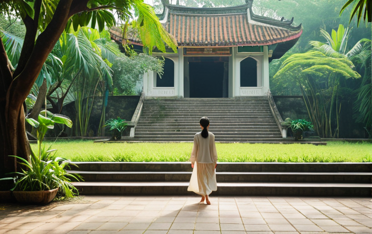 **

Prompt: "A serene scene of mindful walking meditation in a Vietnamese park. A woman is focused on her steps, surrounded by lush greenery and the soft morning light. Capture the feeling of calm and connection between mind and body. Perhaps include subtle Vietnamese architectural elements in the background."

**