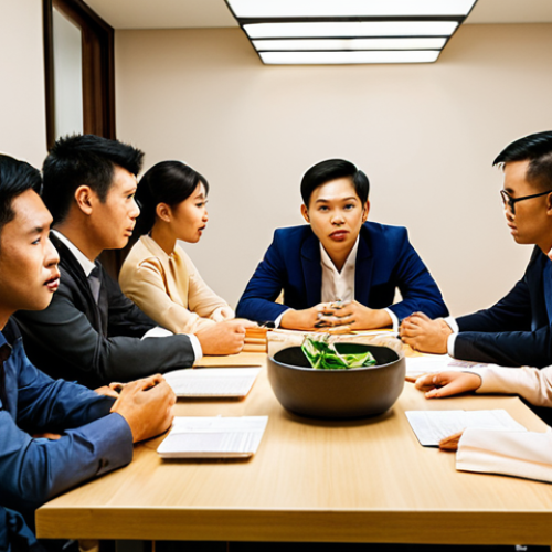 **

"A diverse group of Vietnamese professionals collaborating around a table, actively listening and engaged in discussion. The atmosphere is supportive and encouraging, with soft, warm lighting. Modern office setting. Focus on expressions of respect and understanding."

**