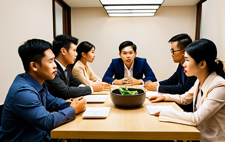 **

"A diverse group of Vietnamese professionals collaborating around a table, actively listening and engaged in discussion. The atmosphere is supportive and encouraging, with soft, warm lighting. Modern office setting. Focus on expressions of respect and understanding."

**
