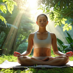**Mindfulness Meditation:** A serene individual meditating outdoors at dawn, surrounded by lush greenery, sunlight filtering through the leaves, focus on calm breathing, peaceful facial expression, zen vibes.
