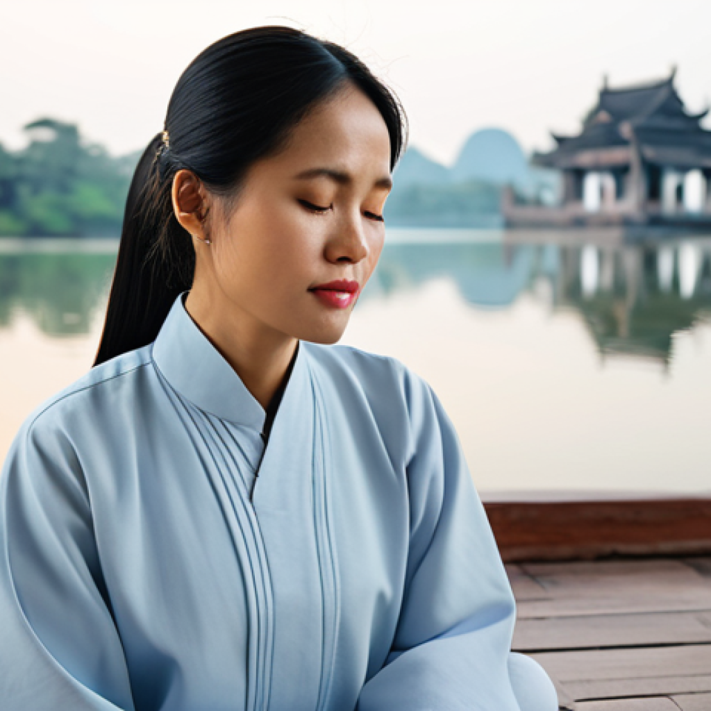 A peaceful Vietnamese woman, approximately 30 years old, in modest, light-colored professional attire, sitting in a calm, naturally lit room. She is in a meditative pose, eyes softly closed, embodying introspection and self-awareness. In the background, a soft-focus view of a serene Hoan Kiem Lake at dawn, with subtle elements of traditional Vietnamese architecture. The scene conveys tranquility and mental well-being. Fully clothed, appropriate attire, modest, safe for work, appropriate content, perfect anatomy, correct proportions, natural pose, well-formed hands, proper finger count, natural body proportions, professional photography, high quality.