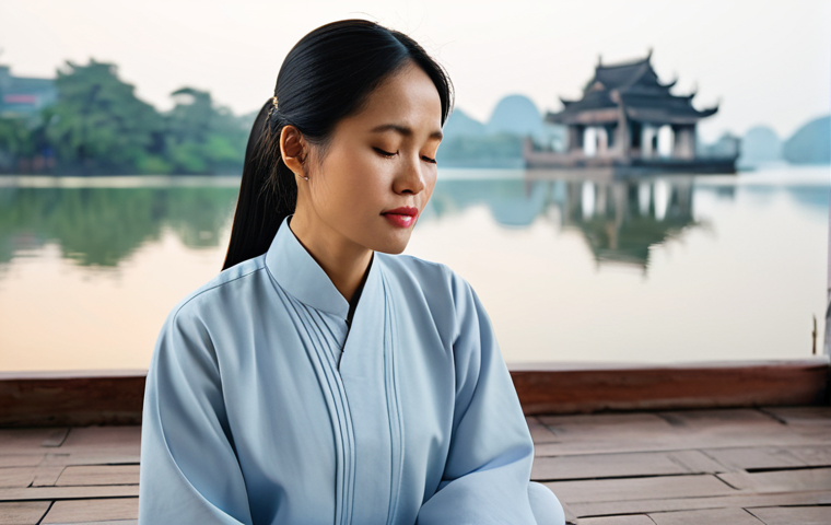 A peaceful Vietnamese woman, approximately 30 years old, in modest, light-colored professional attire, sitting in a calm, naturally lit room. She is in a meditative pose, eyes softly closed, embodying introspection and self-awareness. In the background, a soft-focus view of a serene Hoan Kiem Lake at dawn, with subtle elements of traditional Vietnamese architecture. The scene conveys tranquility and mental well-being. Fully clothed, appropriate attire, modest, safe for work, appropriate content, perfect anatomy, correct proportions, natural pose, well-formed hands, proper finger count, natural body proportions, professional photography, high quality.