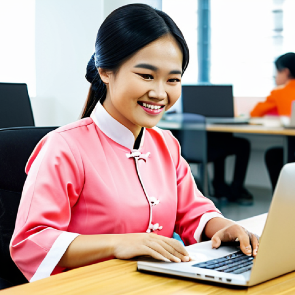 **
A young Vietnamese woman in a modest, professional Ao Dai (traditional Vietnamese dress), sitting comfortably at a desk in a bright, modern co-working space. She is smiling gently and appears relaxed. In the background, other individuals are working quietly on laptops. The image is safe for work, family-friendly, fully clothed, and features perfect anatomy with natural proportions. High-quality, professional photography. Appropriate attire.
**