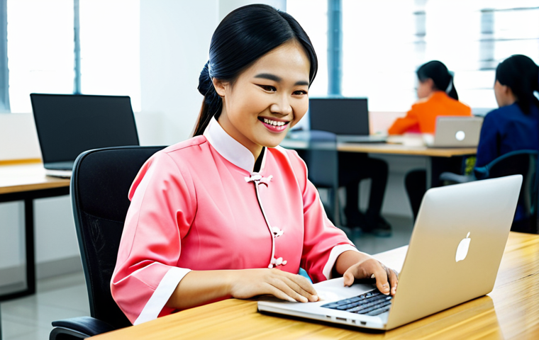 **

A young Vietnamese woman in a modest, professional Ao Dai (traditional Vietnamese dress), sitting comfortably at a desk in a bright, modern co-working space. She is smiling gently and appears relaxed. In the background, other individuals are working quietly on laptops. The image is safe for work, family-friendly, fully clothed, and features perfect anatomy with natural proportions. High-quality, professional photography. Appropriate attire.

**