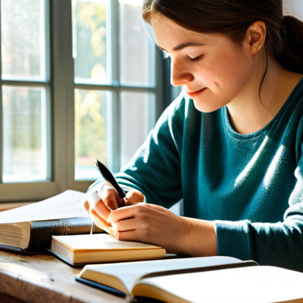 Journaling Gratitude**
"A young woman, fully clothed in comfortable, modest clothing, sitting at a wooden desk in a brightly lit, cozy room. She is writing in a journal with a pen, sunlight streaming through the window. Books and a small potted plant decorate the desk. Safe for work, appropriate content, professional, perfect anatomy, natural pose, well-formed hands, proper finger count, natural body proportions, fully clothed, high quality, family-friendly. Focus on conveying peacefulness and gratitude."
**