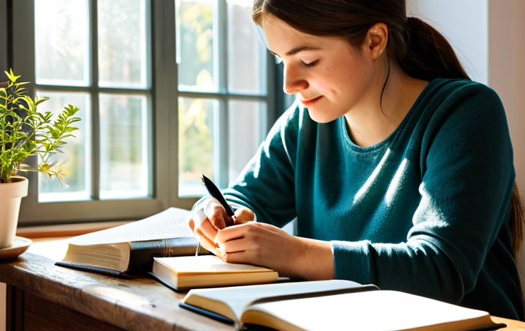 Journaling Gratitude**

"A young woman, fully clothed in comfortable, modest clothing, sitting at a wooden desk in a brightly lit, cozy room. She is writing in a journal with a pen, sunlight streaming through the window. Books and a small potted plant decorate the desk.  Safe for work, appropriate content, professional, perfect anatomy, natural pose, well-formed hands, proper finger count, natural body proportions, fully clothed, high quality, family-friendly. Focus on conveying peacefulness and gratitude."

**
