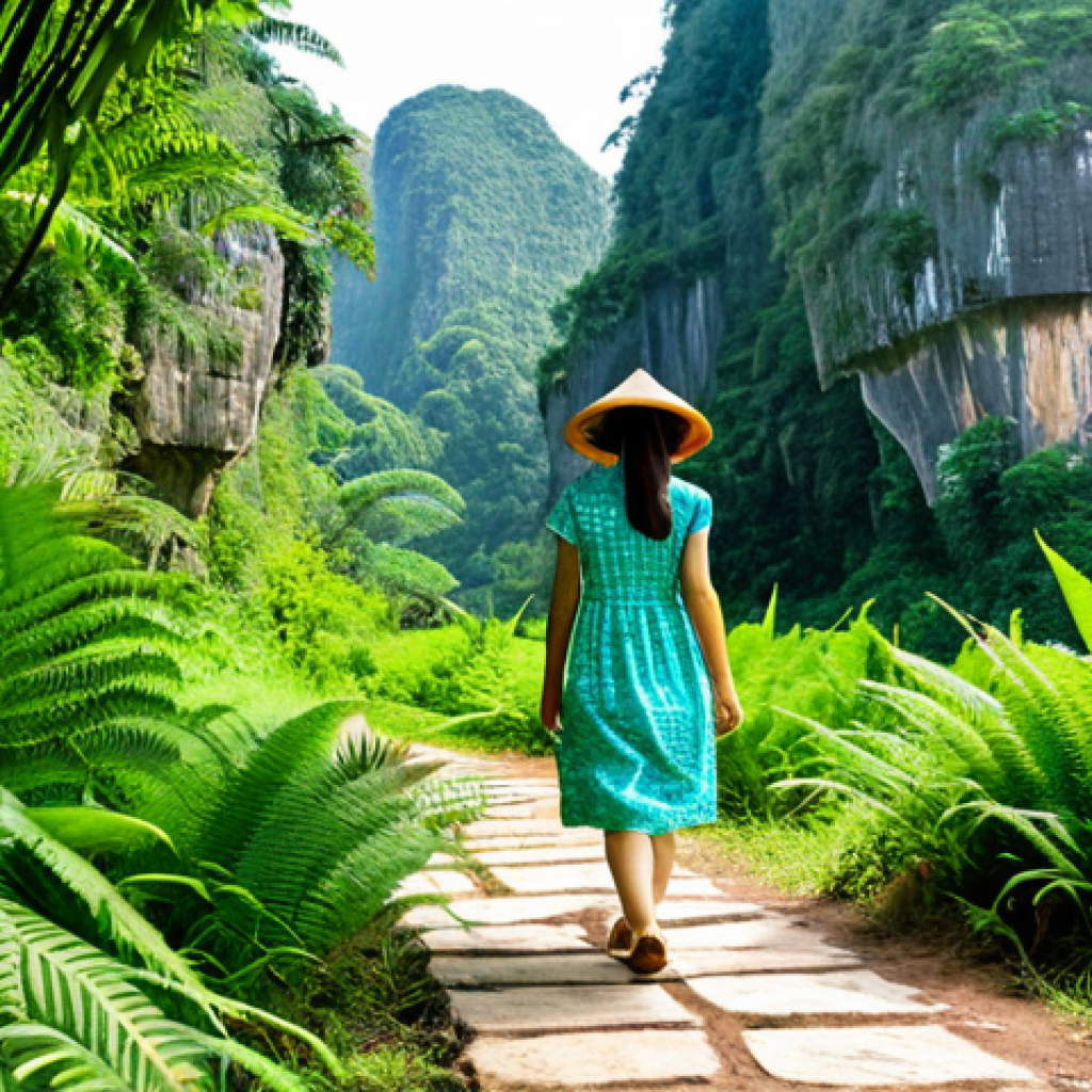 Nature Connection**

"A young woman in a modest sundress and straw hat walks along a path in the Cuc Phuong National Park, Vietnam. Sunlight filters through the lush green trees. She is smiling peacefully, surrounded by ferns and tropical plants. Background features limestone cliffs and diverse foliage.  Fully clothed, appropriate attire, safe for work, perfect anatomy, natural proportions, professional photography, high quality, family-friendly."

**