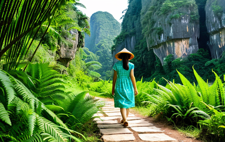 Nature Connection**
"A young woman in a modest sundress and straw hat walks along a path in the Cuc Phuong National Park, Vietnam. Sunlight filters through the lush green trees. She is smiling peacefully, surrounded by ferns and tropical plants. Background features limestone cliffs and diverse foliage. Fully clothed, appropriate attire, safe for work, perfect anatomy, natural proportions, professional photography, high quality, family-friendly."
**
