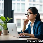 Home 16 회복탄력성과 성공적인 직장생활 - A modern Vietnamese office scene showing a young professional woman practicing mindful breathing at ...