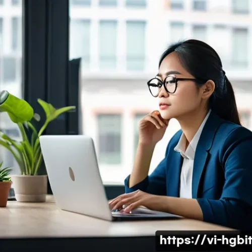 Home 28 회복탄력성과 성공적인 직장생활 - A modern Vietnamese office scene showing a young professional woman practicing mindful breathing at ...