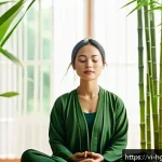 회복탄력성을 위한 자원 활용 기술 - A serene Vietnamese woman practicing mindful breathing and meditation in a minimalist, sunlit room w...