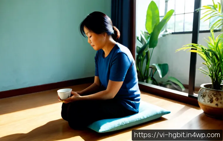 Home 15 회복탄력성을 위한 스트레스 완화 기법 - Photorealistic Vietnamese woman in her 40s practicing slow breathing beside a sunlit apartment windo...