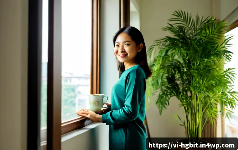 Home 17 회복탄력성을 위한 자아 존중감 증진 - Photorealistic Vietnamese woman in her early 30s standing confidently beside a sunlit window in a ti...